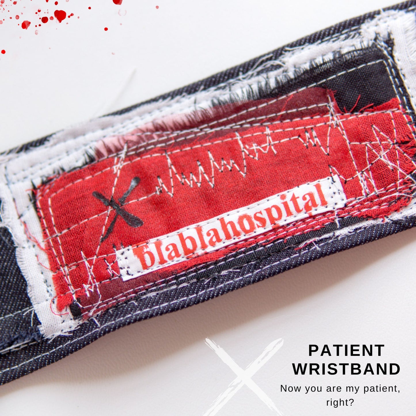 Breites Denim-Blabla-Patientenarmband, einzeln hergestellt von der Blabla-Modekrankenschwester! Verlieren Sie sich nicht in meinem Modekrankenhaus!