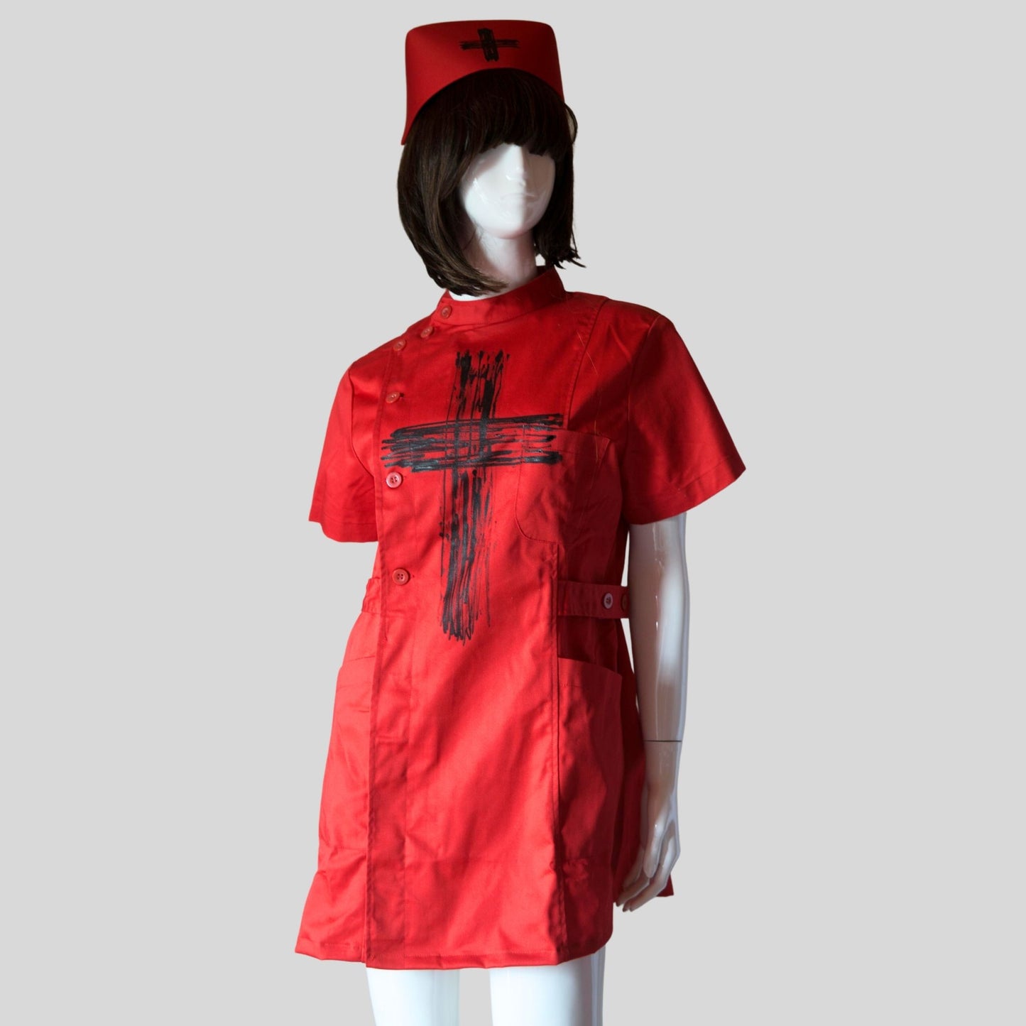 Red Gothic Nurse Dress Black Cross Punk  Paint!　