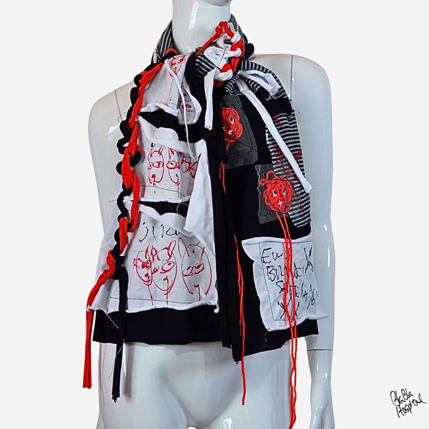 Face No.005 | Fabric Art Greyx Black border Design – Black Scarf