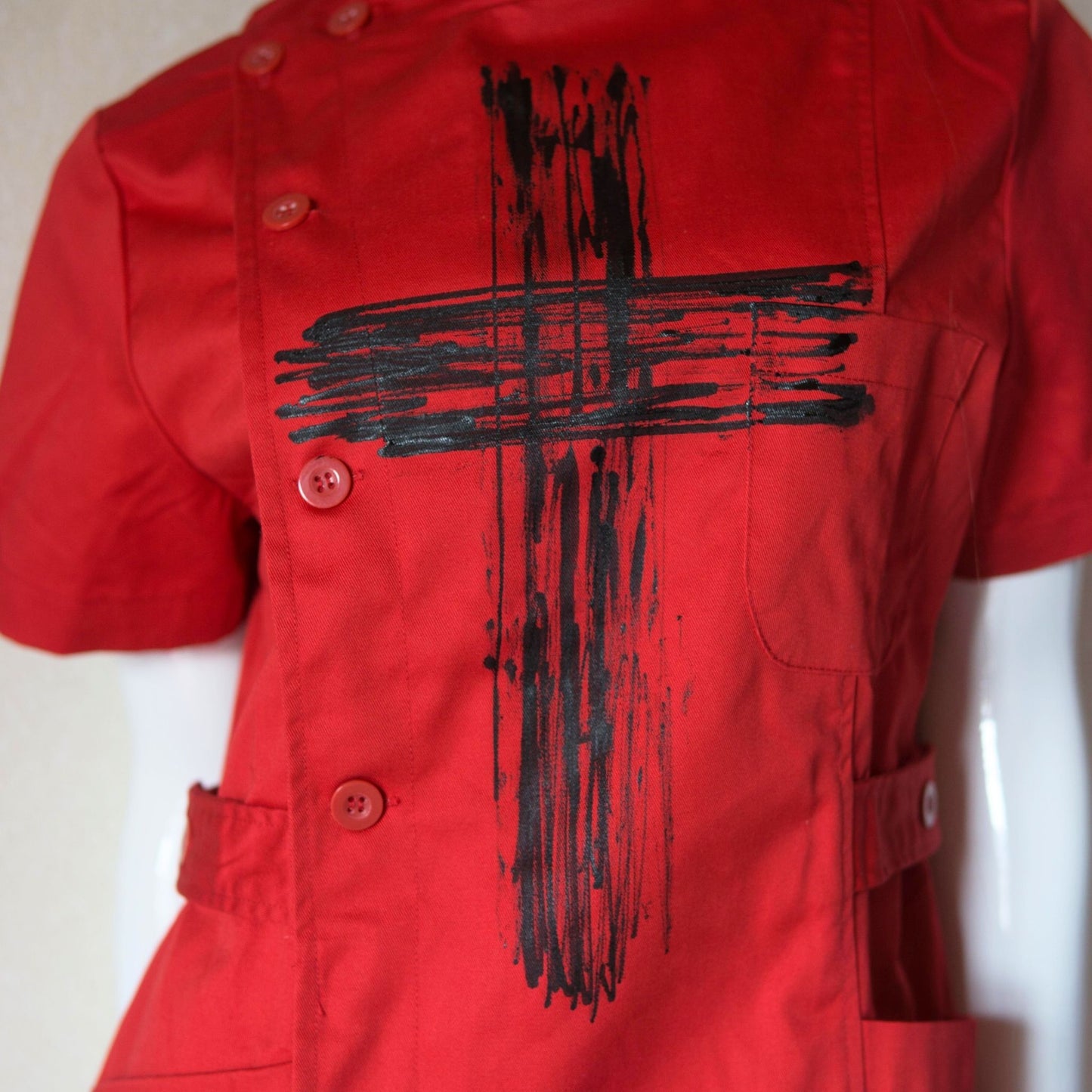 Red Gothic Nurse Dress Black Cross Punk  Paint!　