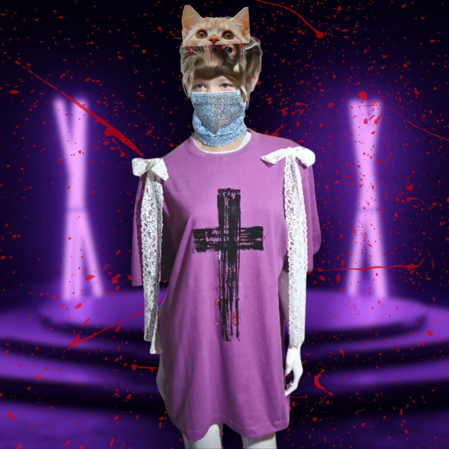 White Lace Ribbon x Cross paint Light Purple T-shirt