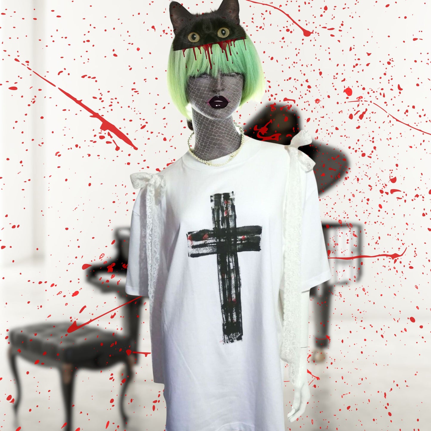 Weißes Spitzenband x Kreuzfarbe Weißes T-Shirt
