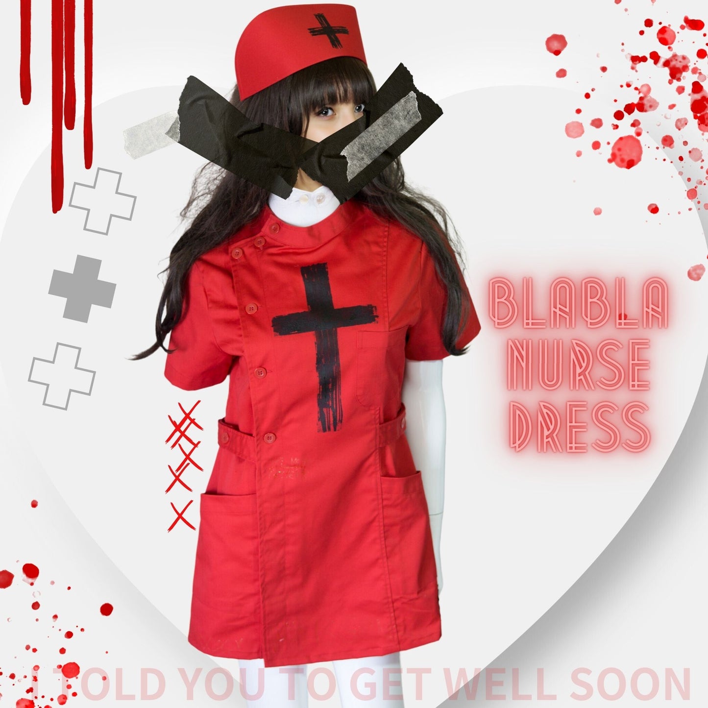 NEW! Red Gothic Nurse Dress Black Cross Punk  Paint!