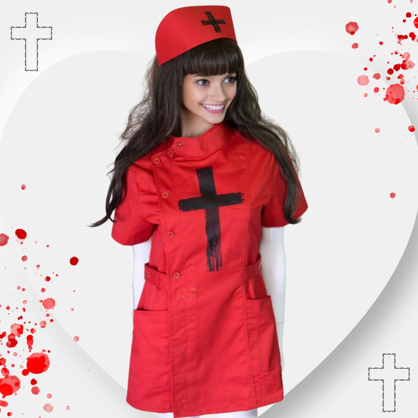 NEW! Red Gothic Nurse Dress Black Cross Punk  Paint!