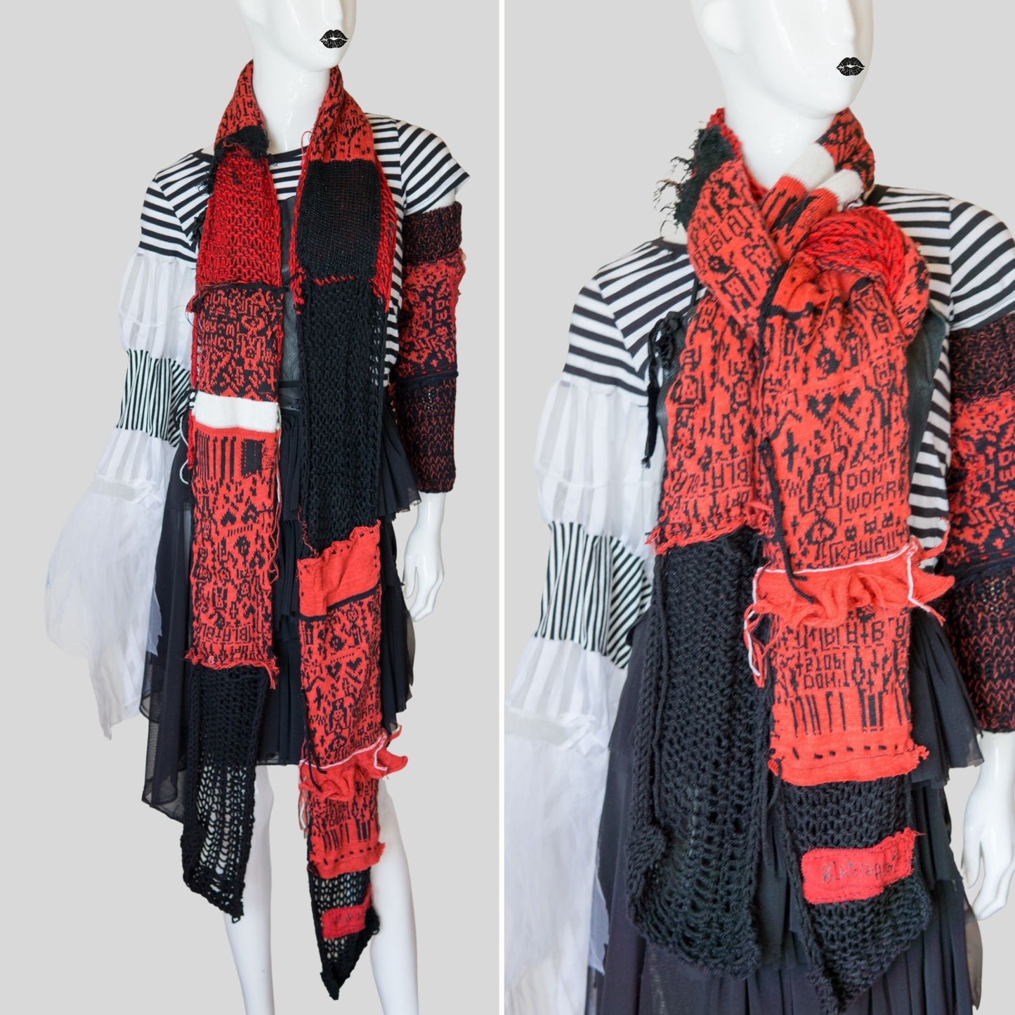 Tokyo Punk Knit Handmade Black and Red Punk Scarf 【275cm】