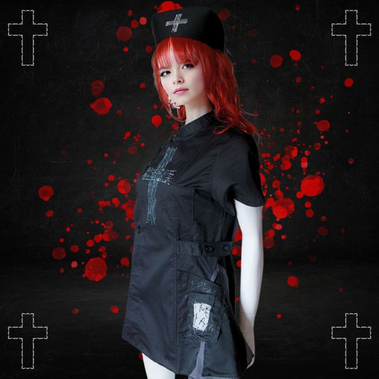 NEW! Black Gothic Fashion Nurse Dress White Cross Paint Design