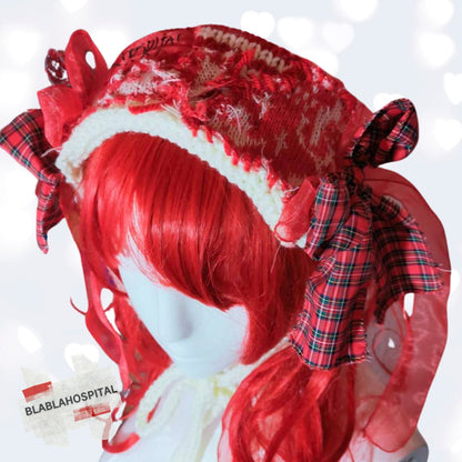 *Reserviert* Tokyo Punk J-Fashion Lolita Kopfschmuck handgefertigt roter und cremefarbener Strick x Tartan handgefertigt