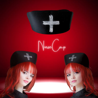 White Cross Paint Design Black Nurse Cap Medical Fashion