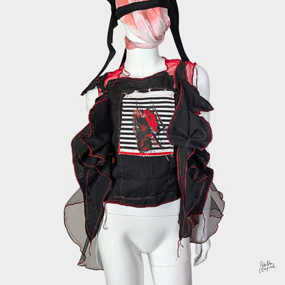 Red Air - No.03 |黒ガーゼ直感フリル オーガンジートップス –レイヤー重ね着用