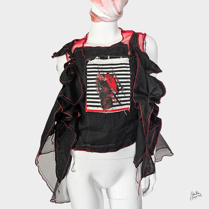 Red Air - No.03 |黒ガーゼ直感フリル オーガンジートップス –レイヤー重ね着用