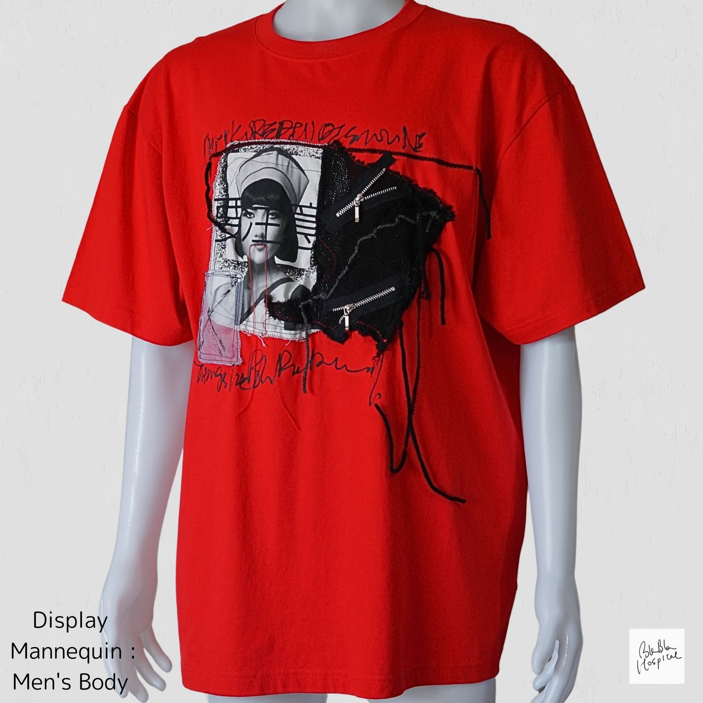 Kanji Printed Chef-Nurse Design Oversized Red T-Shirt