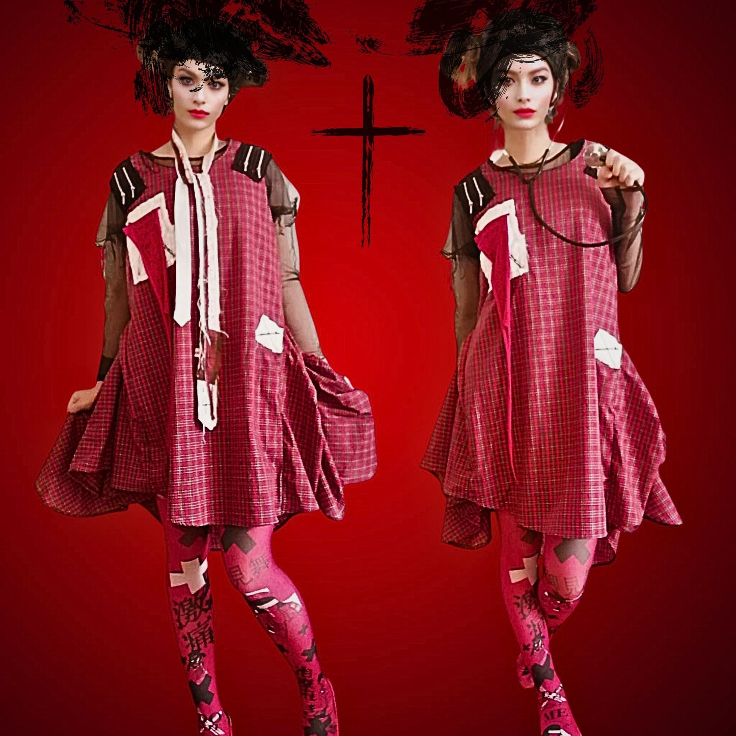 NEW東京パンクファッション　プルオーバー　　赤チェックワンピース