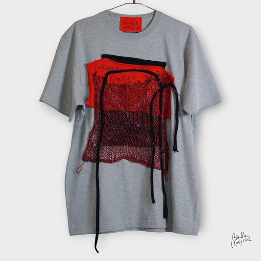 アートニットパッチデザイン　グレーTシャツ