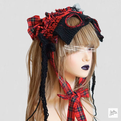 Red Tartan & Knit Headdress