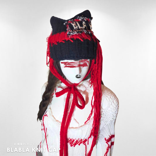 BLABLA Logo Original Knit Design Tokyo Punk Fashion Handmade Black and Red Cap
