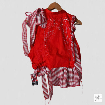 Original Knit Patch and Gingham Check Design Red Sleeveless Top