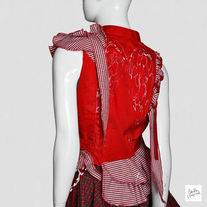 Original Knit Patch and Gingham Check Design Red Sleeveless Top