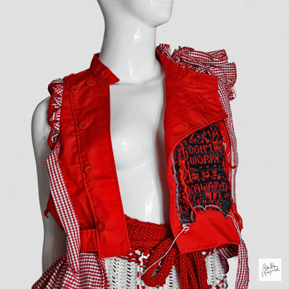 Original Knit Patch and Gingham Check Design Red Sleeveless Top