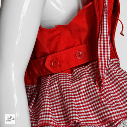 Original Knit Patch and Gingham Check Design Red Sleeveless Top