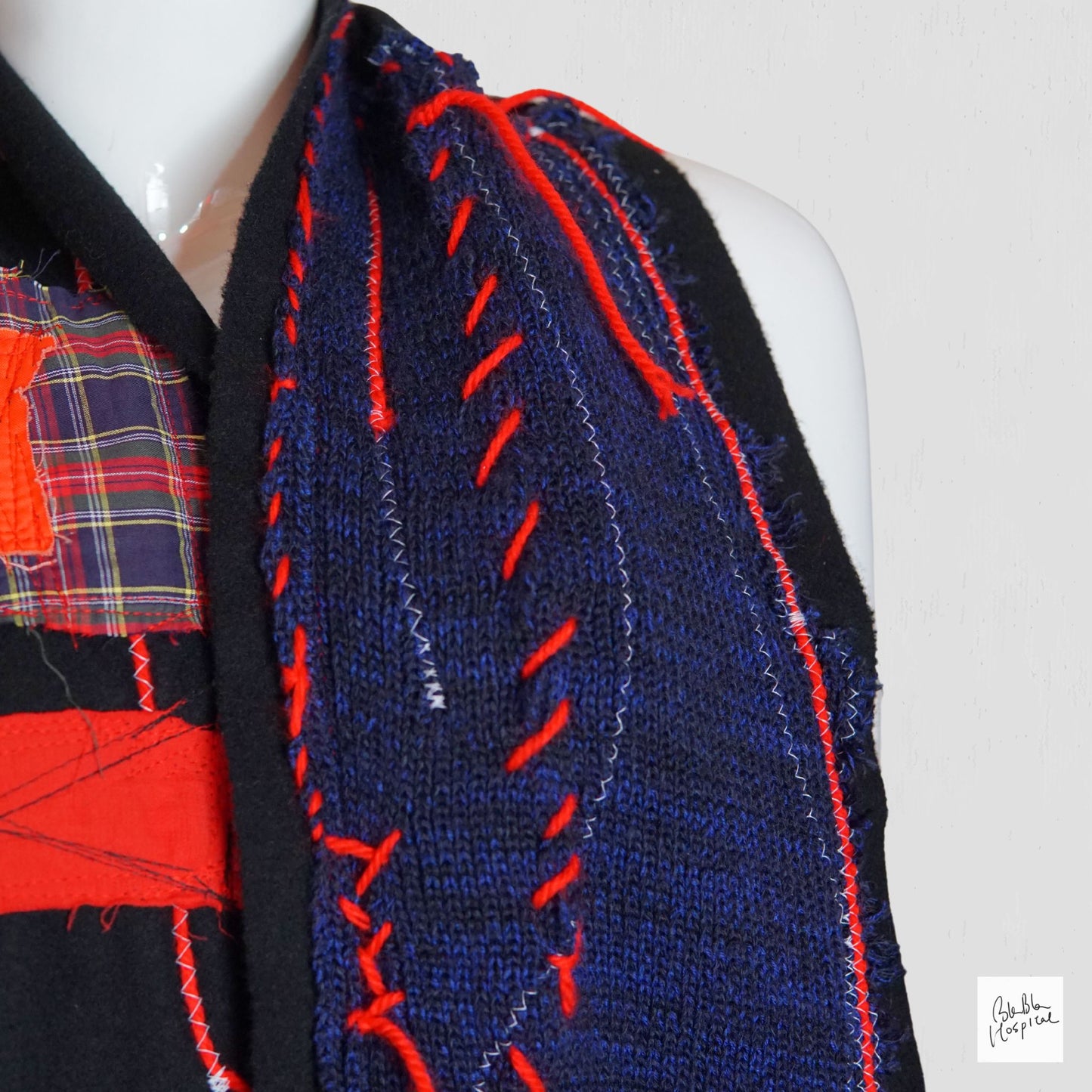 Knit Patch and Navy Tartan Check Desgin Handmade Scarf