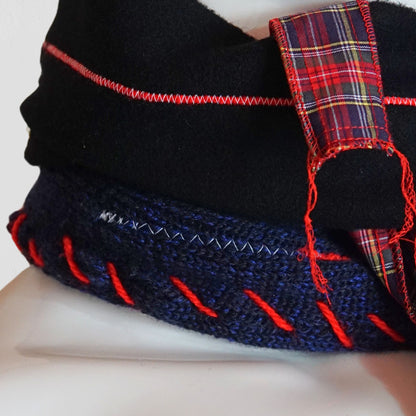 Knit Patch and Navy Tartan Check Desgin Handmade Scarf