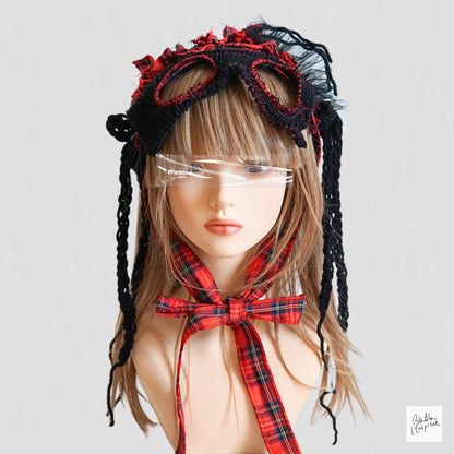 Red Tartan & Knit Headdress