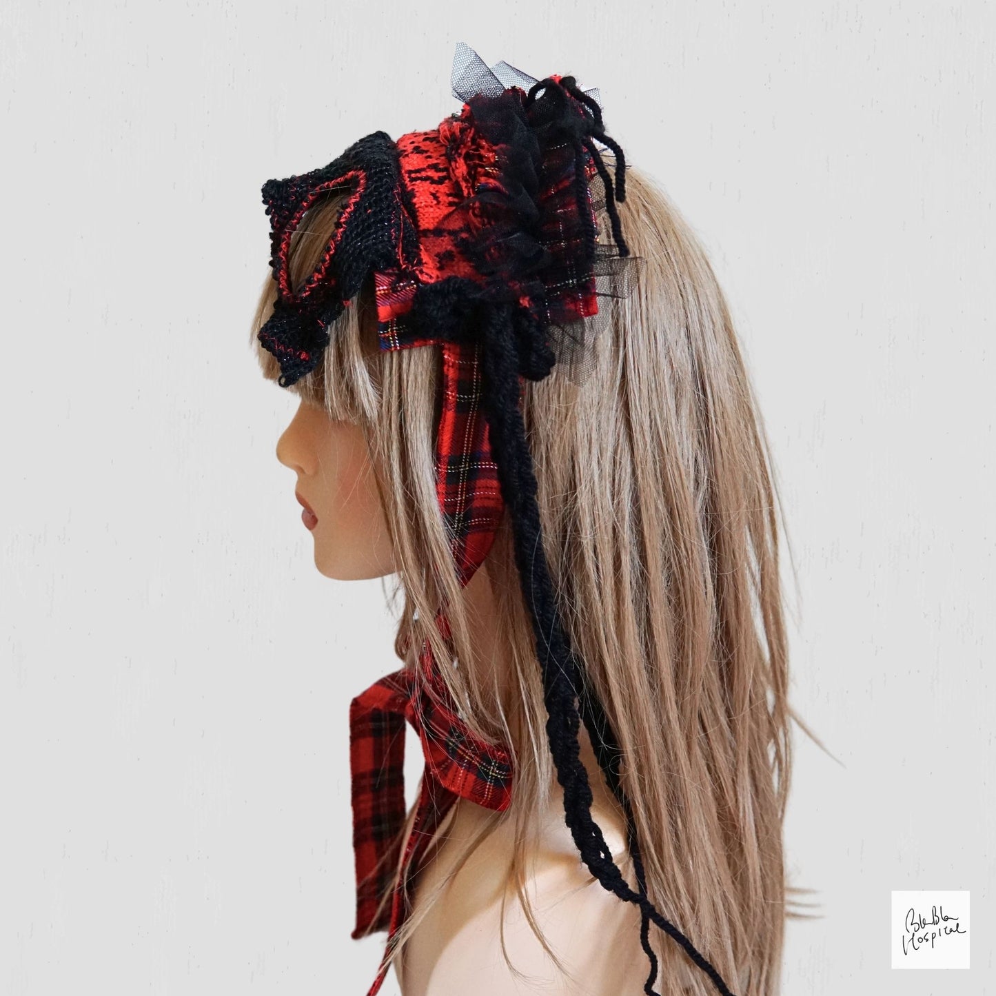 Red Tartan & Knit Headdress