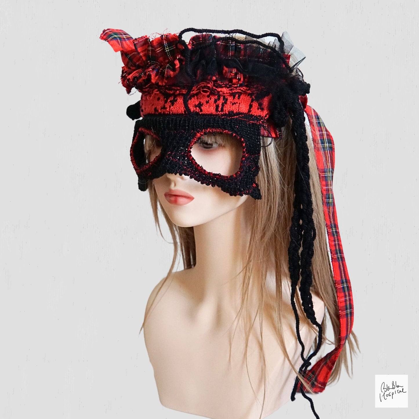 Red Tartan & Knit Headdress