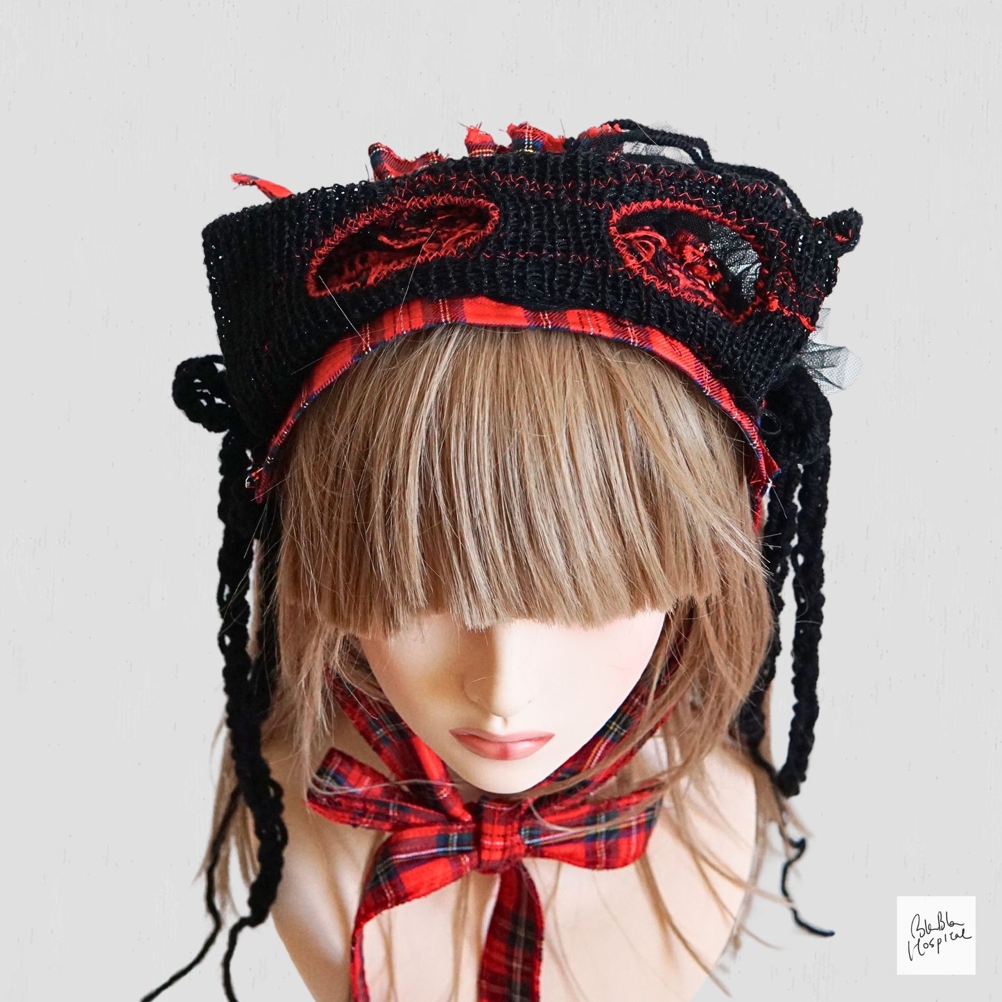 Red Tartan & Knit Headdress