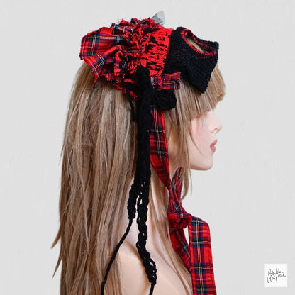 Red Tartan & Knit Headdress