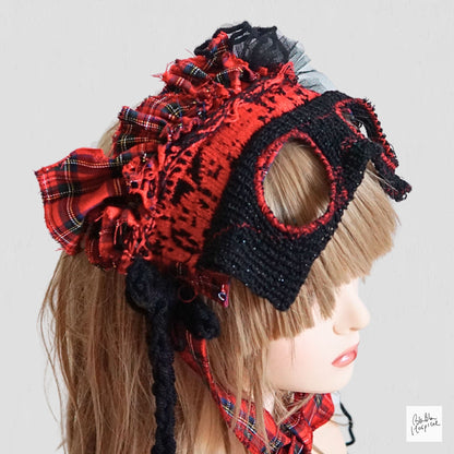 Red Tartan & Knit Headdress