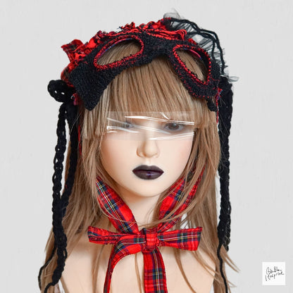 Red Tartan & Knit Headdress