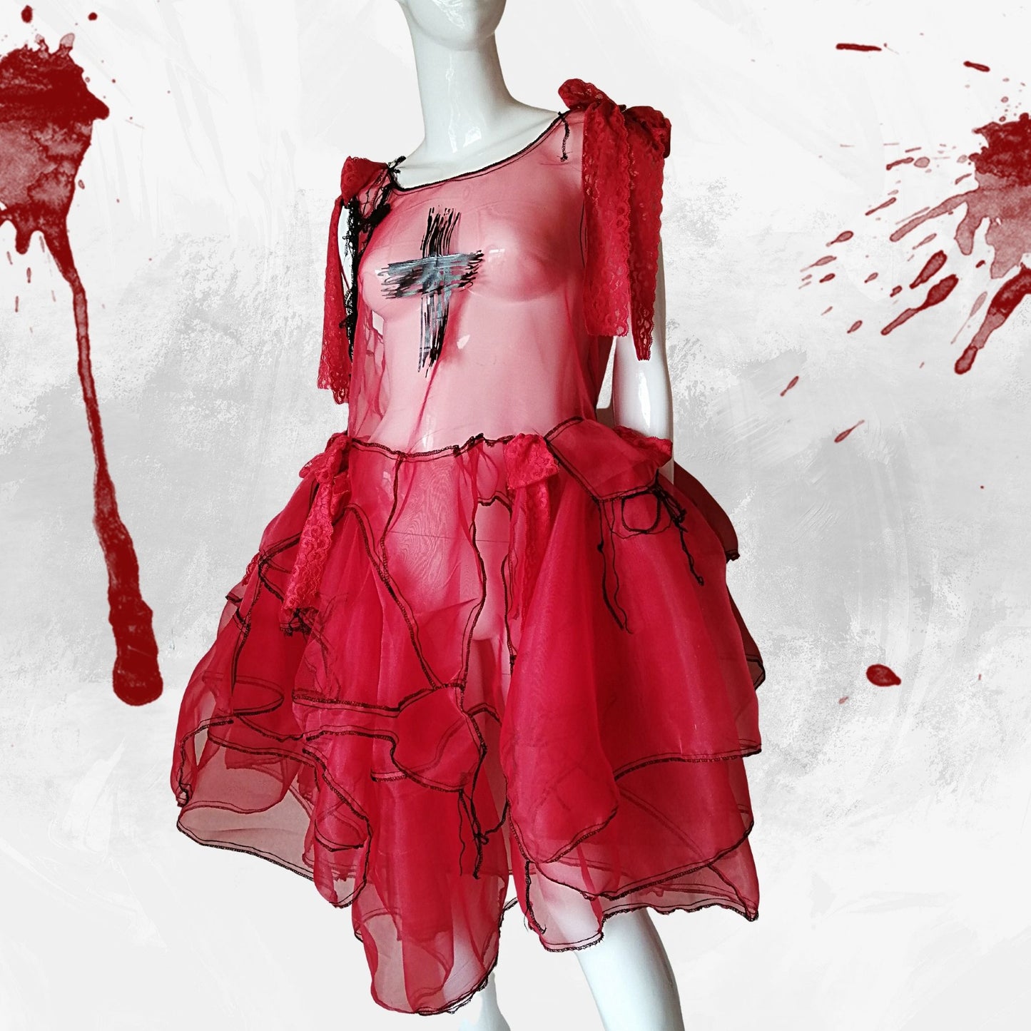 Tokyo Gothic Lolita Fashion durchsichtiges rotes Kleid handgefertigt