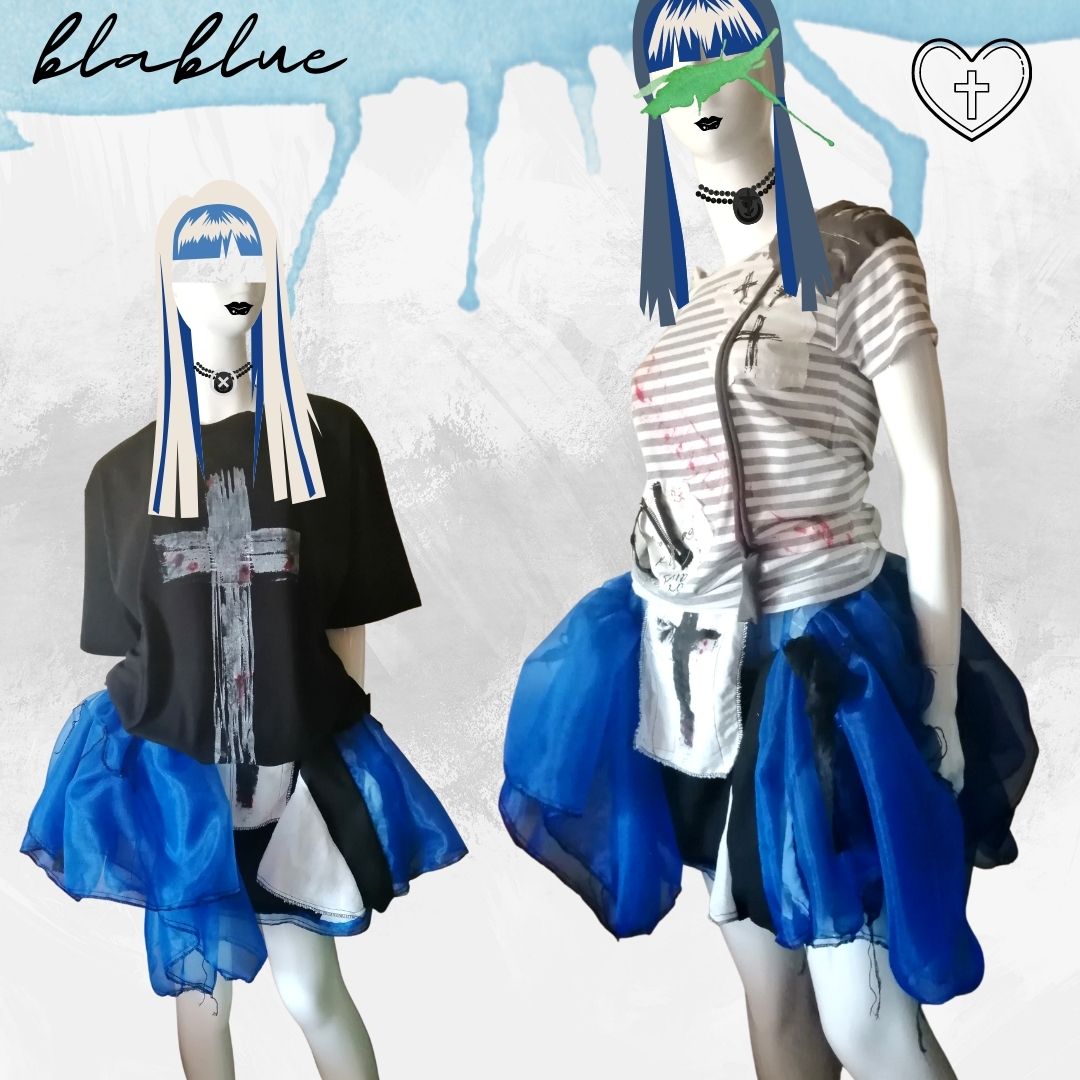 See-through Blue  Gothic and Lolita handmade skirt Black cross design