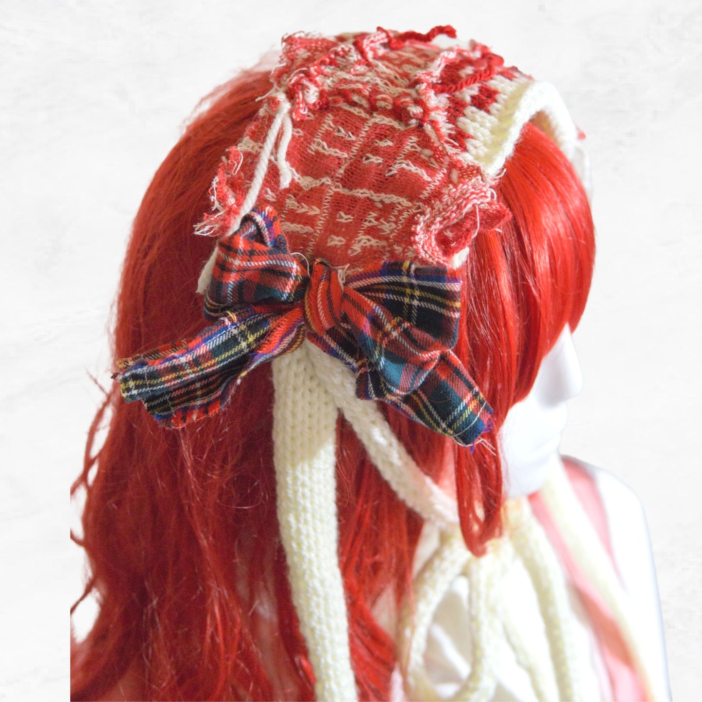 Tokyo Punk J-fashion  Lolita  Headdress Handmade Red and White Knit x Tartan Handmade 　