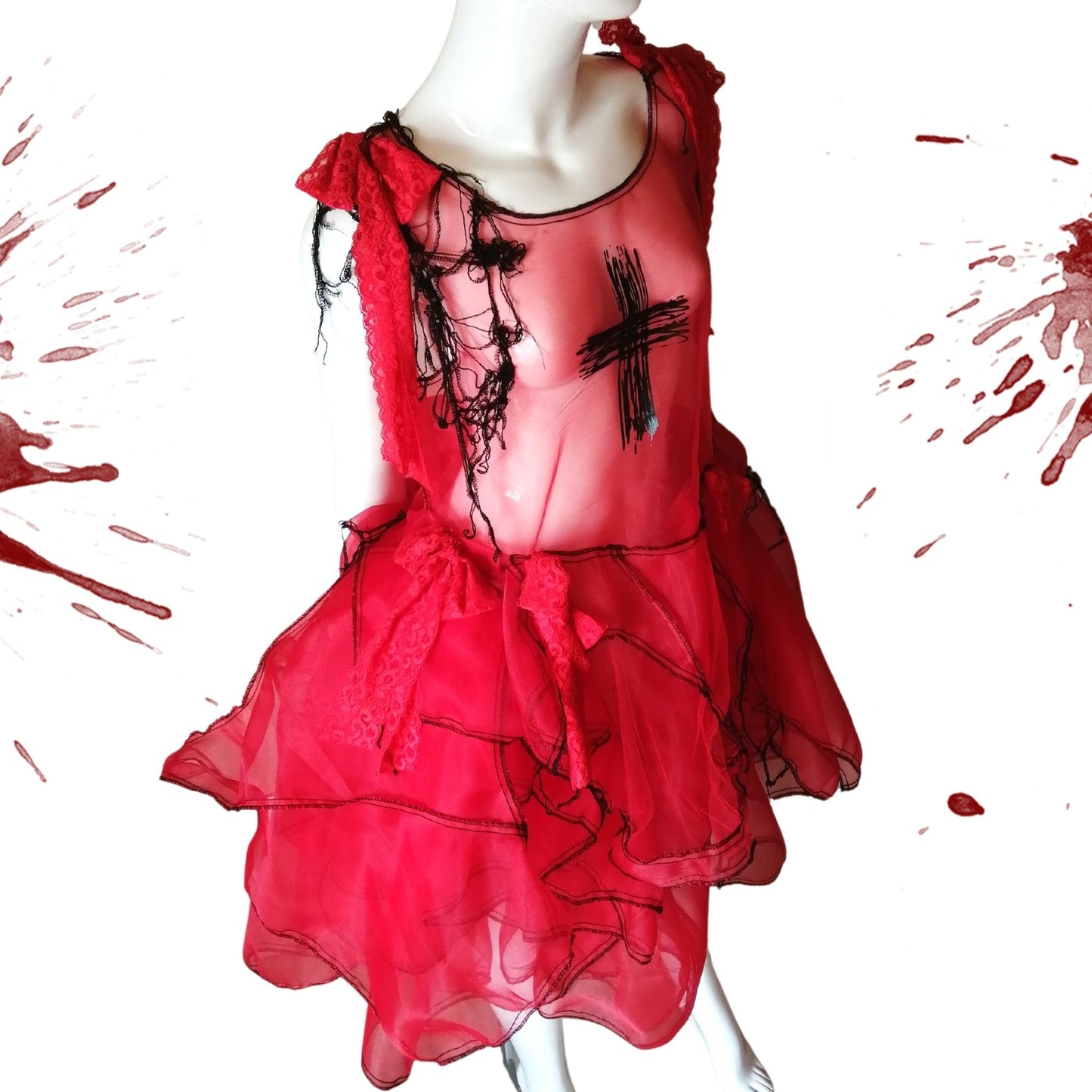 Tokyo Gothic Lolita Fashion durchsichtiges rotes Kleid handgefertigt