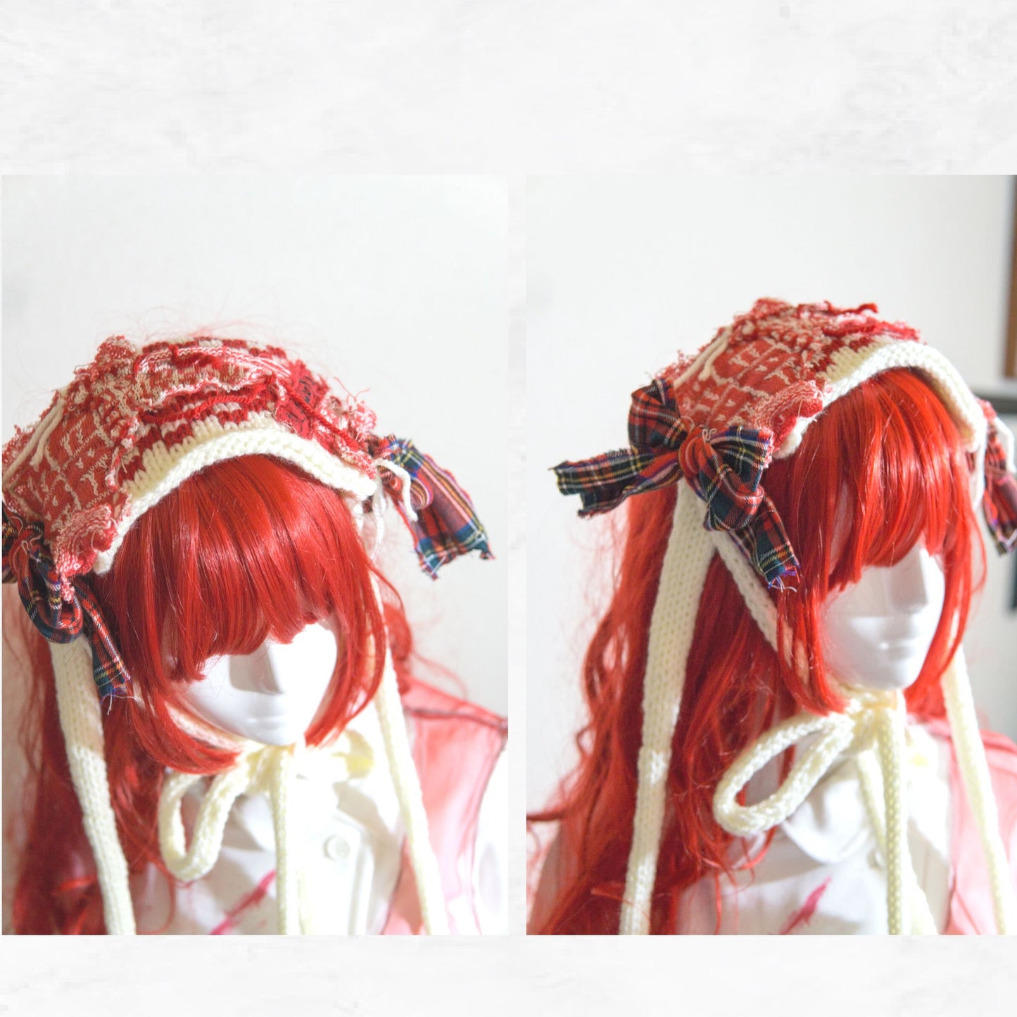 Tokyo Punk J-fashion  Lolita  Headdress Handmade Red and White Knit x Tartan Handmade 　