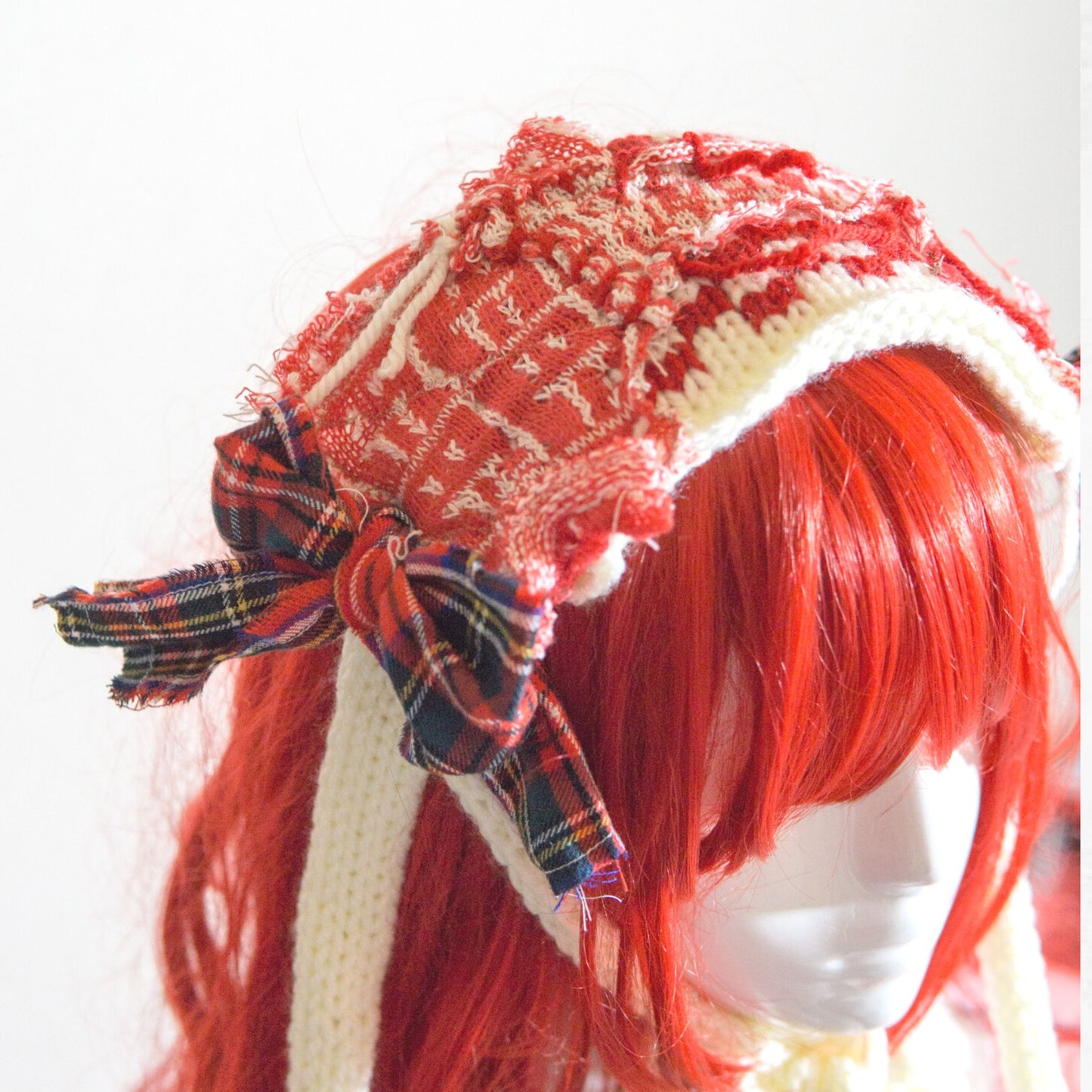 Tokyo Punk J-fashion  Lolita  Headdress Handmade Red and White Knit x Tartan Handmade 　