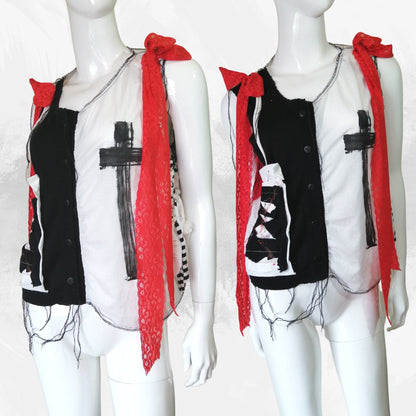 Black and White Design Front  Open  Sleeveless  Handmade Top Vest