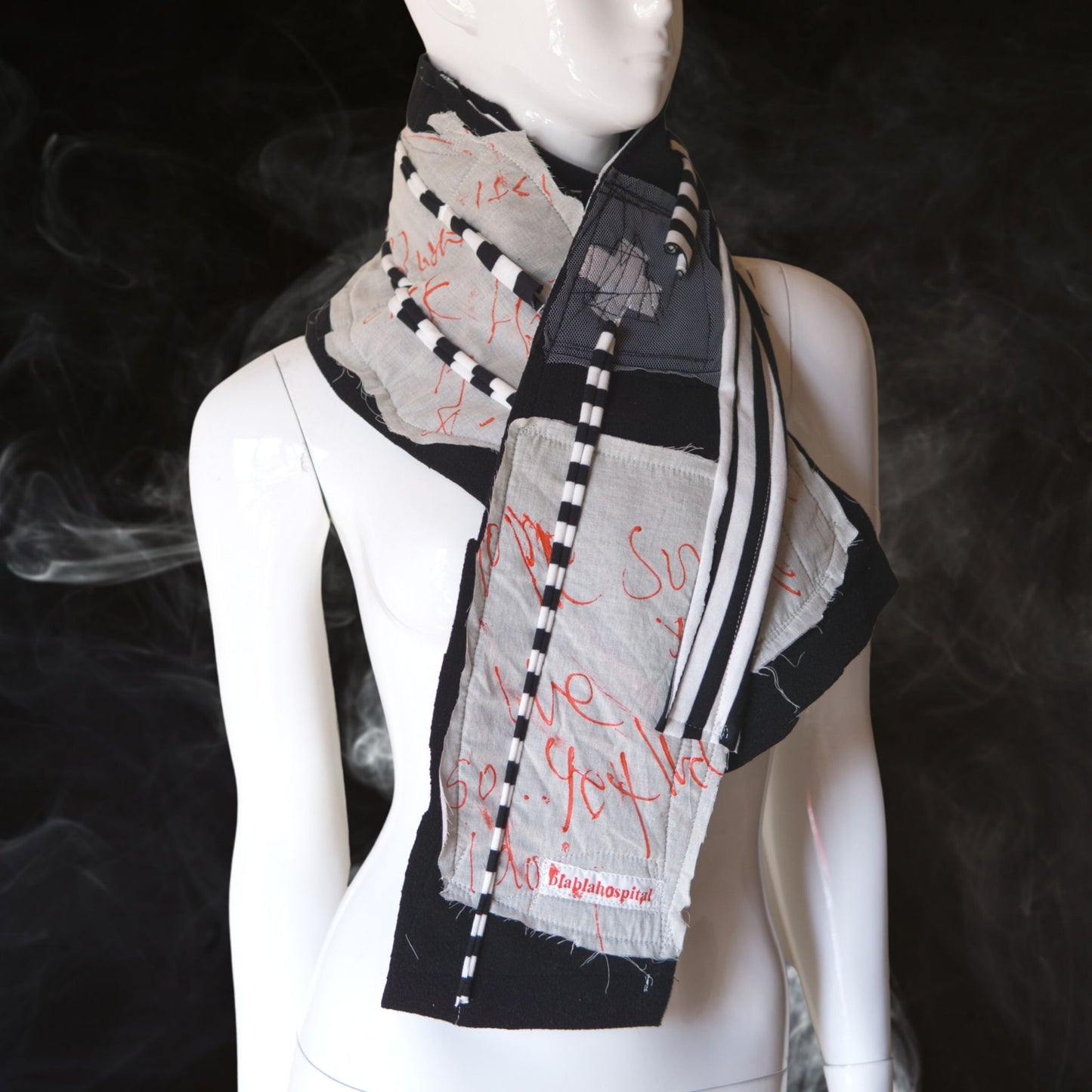 J punk Fashion Black and  White stripes Scarf Silver Cross Cure Handmade in Tokyo 【164m】