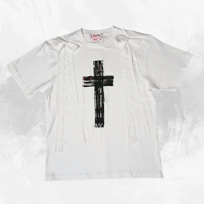 White Lace Ribbon x  Cross paint   White T-shirt　